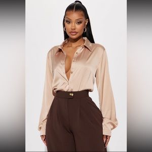 Fashion Nova Smooth Button Down Top Taupe Shirt